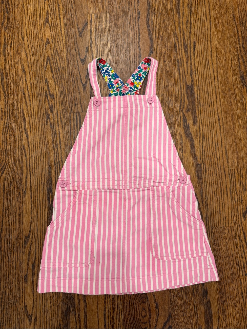 Mini Boden Pink and White Striped Pinafore Dress with Floral Straps